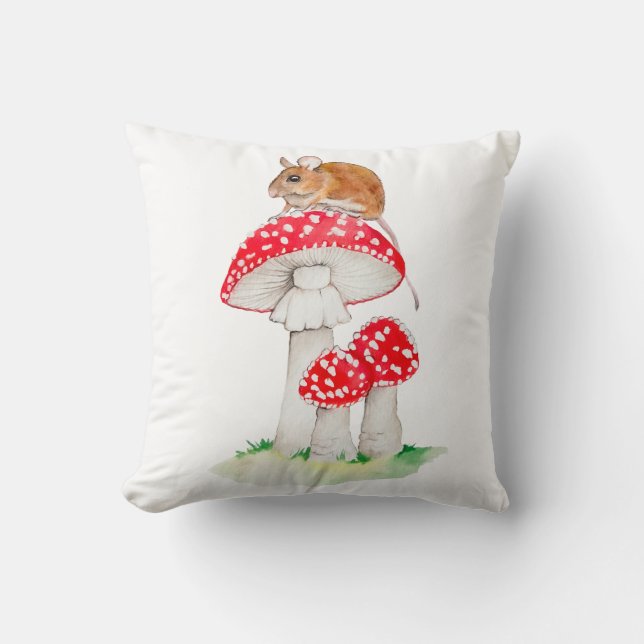 Cute mouse on fly agaric watercolor cushion (Front)