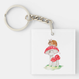 Cute mouse on fly agaric watercolor key ring