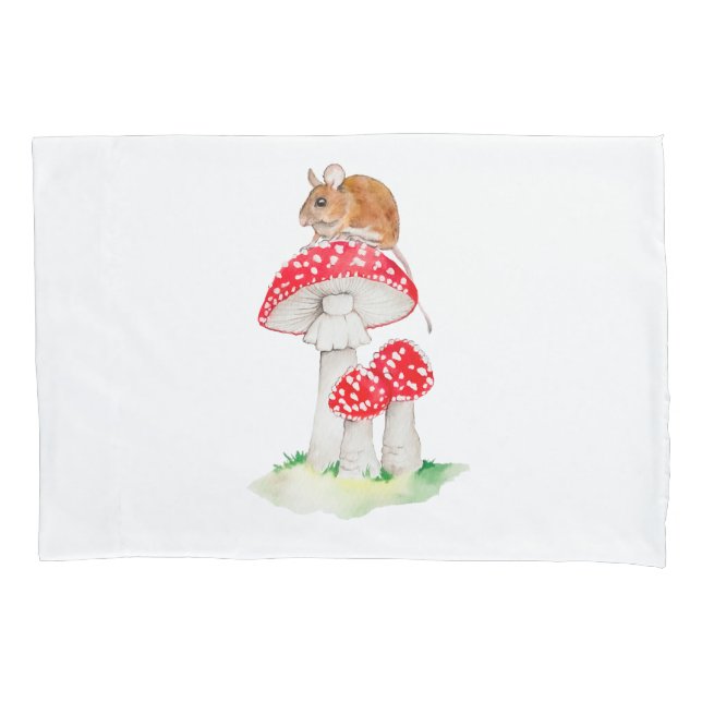 Cute mouse on fly agaric watercolor pillowcase (Front)