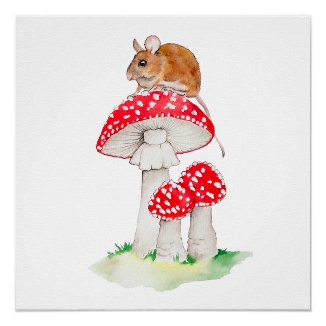 Cute mouse on fly agaric watercolor poster (Front)