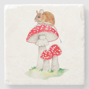 Cute mouse on fly agaric watercolor stone coaster