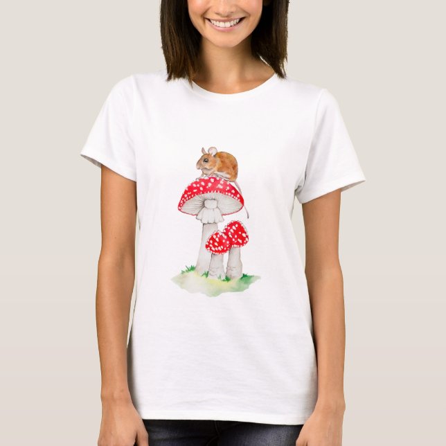 Cute mouse on fly agaric watercolor T-Shirt (Front)