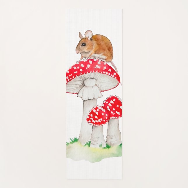 Cute mouse on fly agaric watercolor yoga mat (Front)