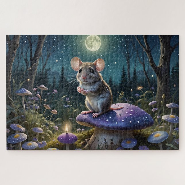 Cute Mouse on Mushroom in Moonlight Jigsaw Puzzle (Horizontal)