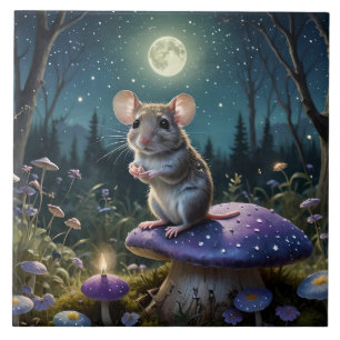 Cute Mouse on Mushroom in Moonlight  Tile