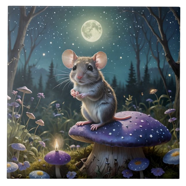 Cute Mouse on Mushroom in Moonlight  Tile (Front)