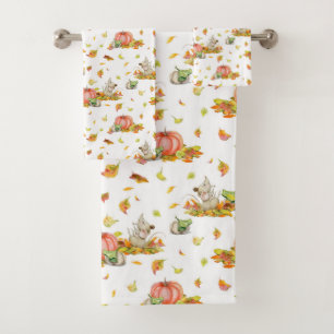 Cute mouse, pumpkins and fall colorful pattern bath towel set