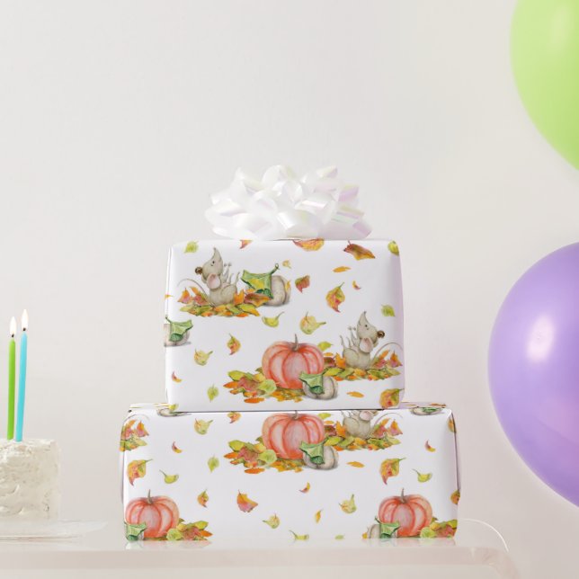 Cute mouse, pumpkins and fall colourful pattern wrapping paper (Party Gifts)