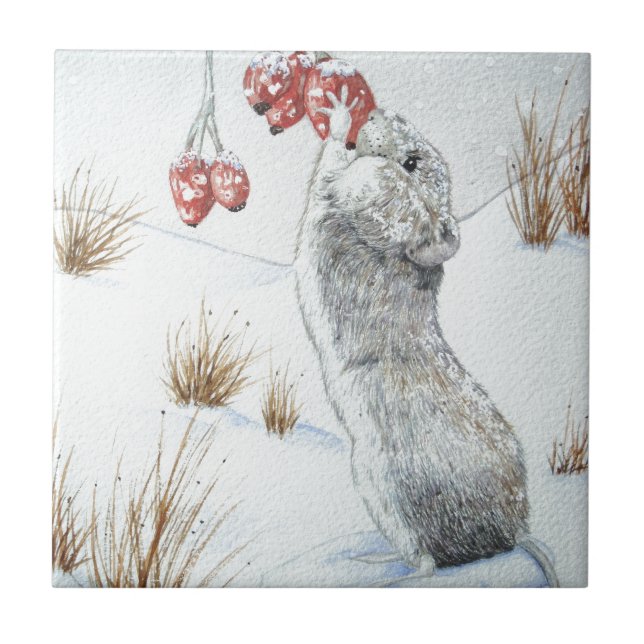Cute mouse red berries snow scene wildlife design tile (Front)