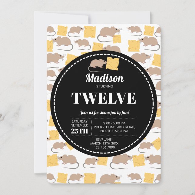 Cute Mouse Rodent Eating Cheese Birthday Invitation (Front)