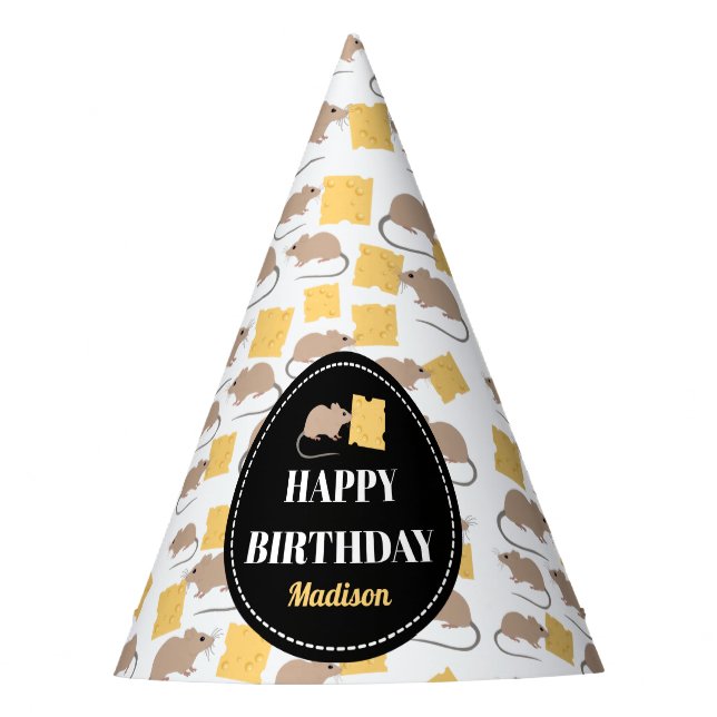 Cute Mouse Rodent Eating Cheese Birthday  Party Hat (Front)