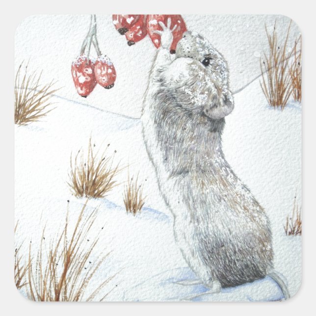 cute mouse snow scene seasonal wildlife square sticker (Front)
