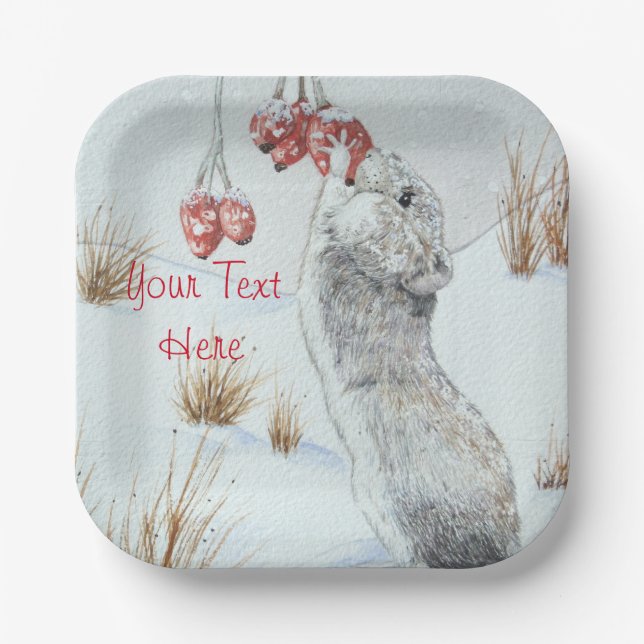 Cute mouse snow scene wildlife at christmas paper plate (Front)