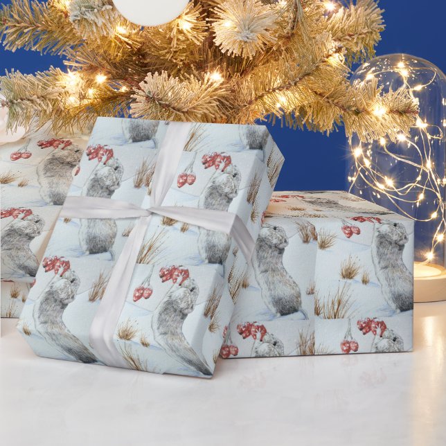 Cute mouse snow scene wildlife at christmas  wrapping paper (Holidays)