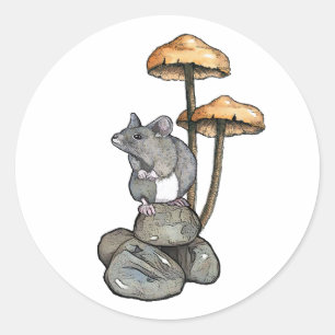Cute Mouse Standing on Rocks, with Mushrooms Classic Round Sticker