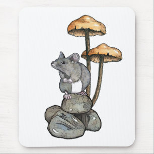 Cute Mouse Standing on Rocks, with Mushrooms Mouse Pad