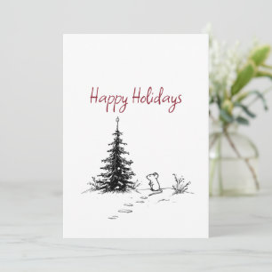 Cute Mouse & Tree Line Art Festive Christmas Holiday Card