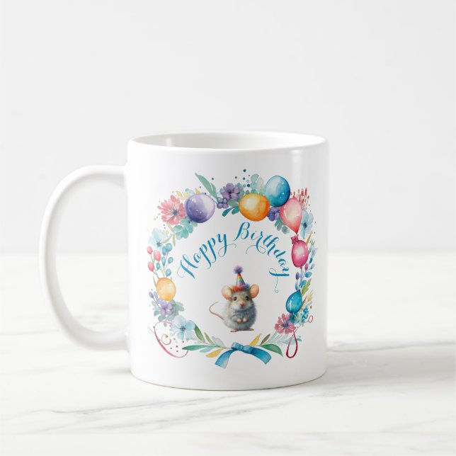 Cute Mouse Wearing a Party Hat  Coffee Mug (Left)