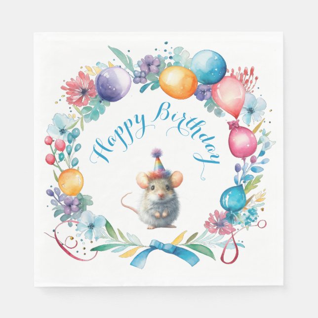 Cute Mouse Wearing a Party Hat Napkin (Front)