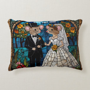 Cute Mouse Wedding Couple Mosaic Stained Glass Decorative Cushion