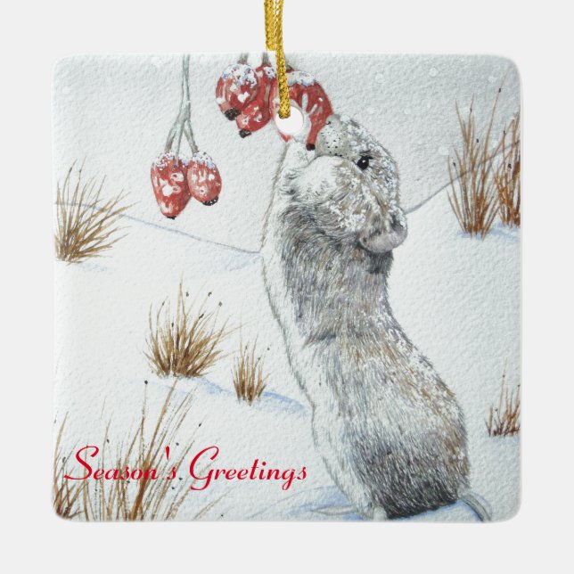 Cute mouse wildlife snow scene for christmas ceramic tree decoration (Front)