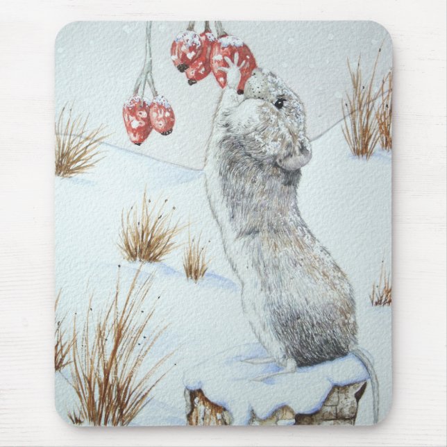 Cute mouse winter snow scene red berries wildlife pad (Front)