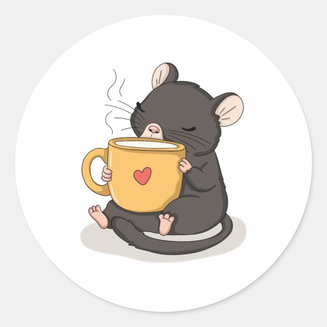 Cute Mouse with a Coffee Mug Kawaii Animal Sticker (Front)