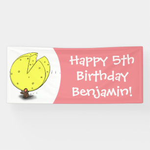 Cute mouse with cheese cartoon birthday banner