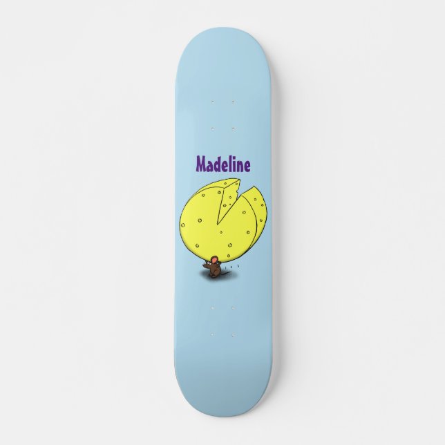 Cute mouse with cheese cartoon illustration skateboard (Front)