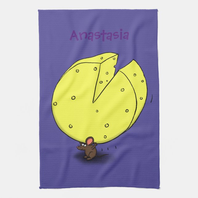 Cute mouse with cheese cartoon illustration tea towel (Vertical)