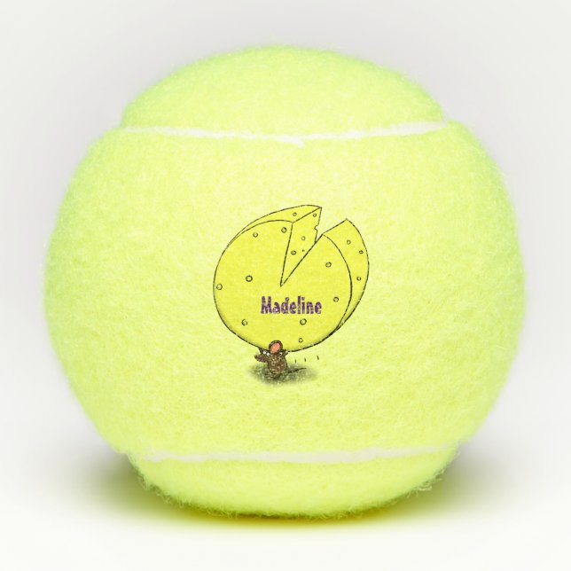 Cute mouse with cheese cartoon illustration tennis balls (Front)