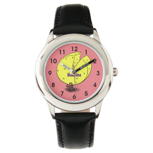 Cute mouse with cheese cartoon illustration watch (Front)