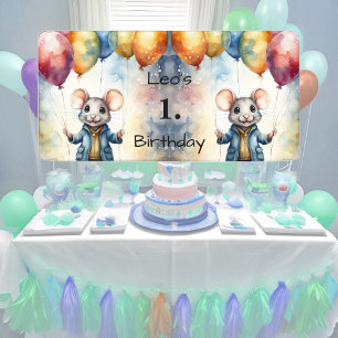 Cute mouse with colourful balloons, personalizable banner