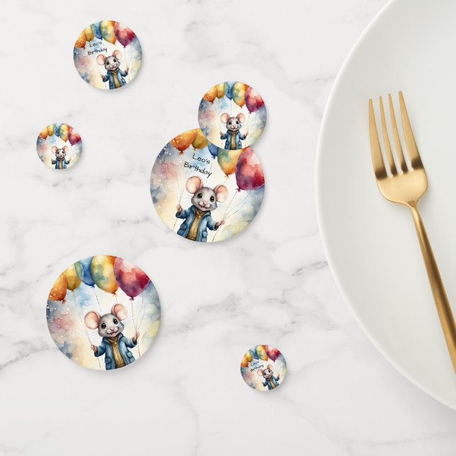 Cute mouse with colourful balloons, personalizable confetti (Group)