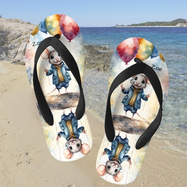 Cute mouse with colourful balloons, personalizable kid's jandals (Creator Uploaded)