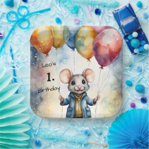 Cute mouse with colourful balloons, personalizable paper plate