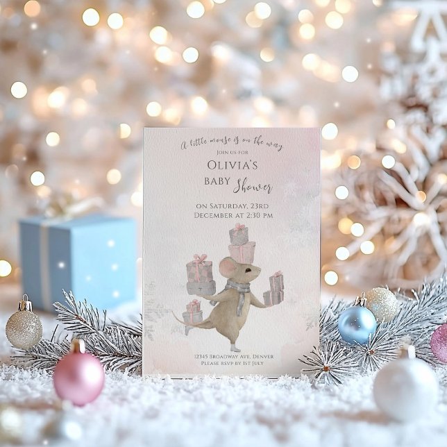 Cute Mouse with gifts for Christmas Baby Shower Invitation (Creator Uploaded)
