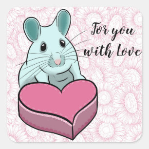 Cute mouse with pink heart and sunflowers square sticker