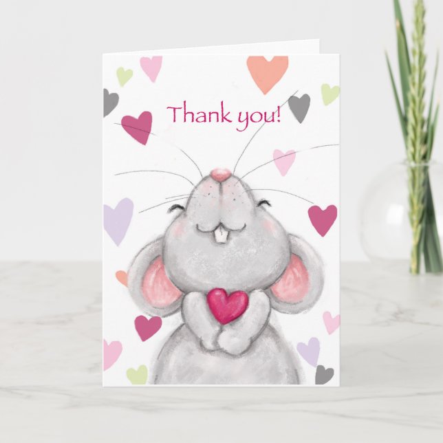 Cute mouse with pink hearts, Thank you Card (Front)