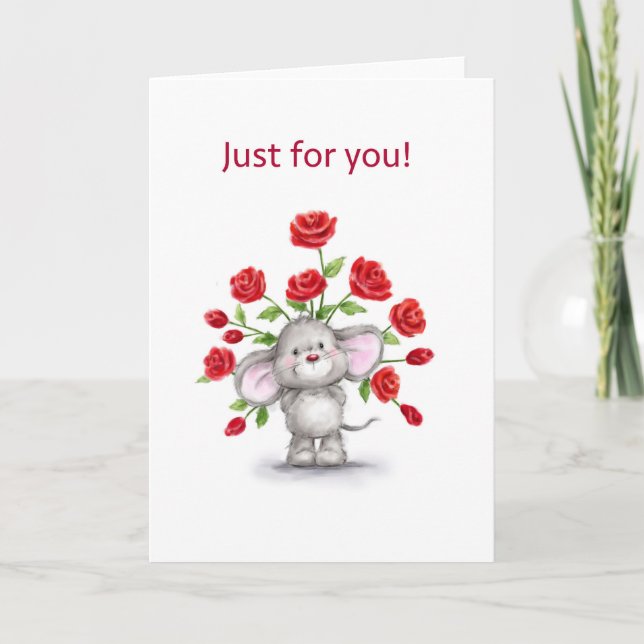 Cute mouse with red roses, just for you card (Front)