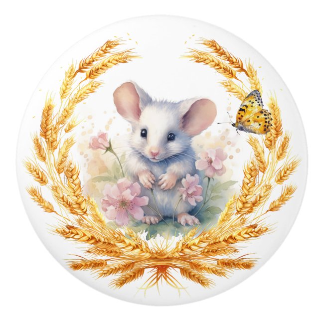 Cute Mouse with Wheat Ceramic Drawer Pull Knob (Front)
