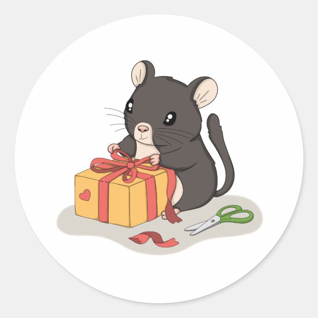 Cute Mouse Wrapping a Gift Kawaii Animal Sticker (Front)