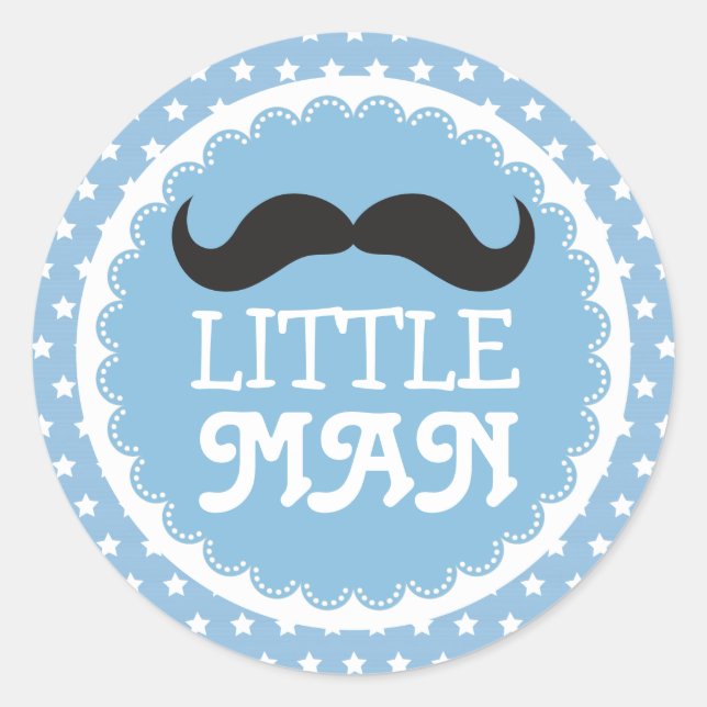 Cute Moustache Little Man Baby Shower Blue Stars Classic Round Sticker (Front)