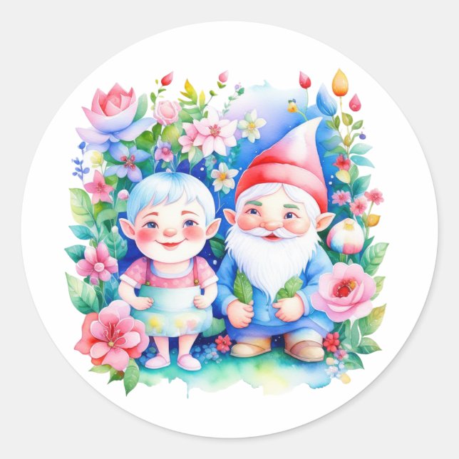 Cute Mr and Mrs Garden Gnomes with Flowers Classic Round Sticker (Front)