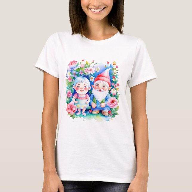 Cute Mr and Mrs Garden Gnomes with Flowers T-Shirt (Front)