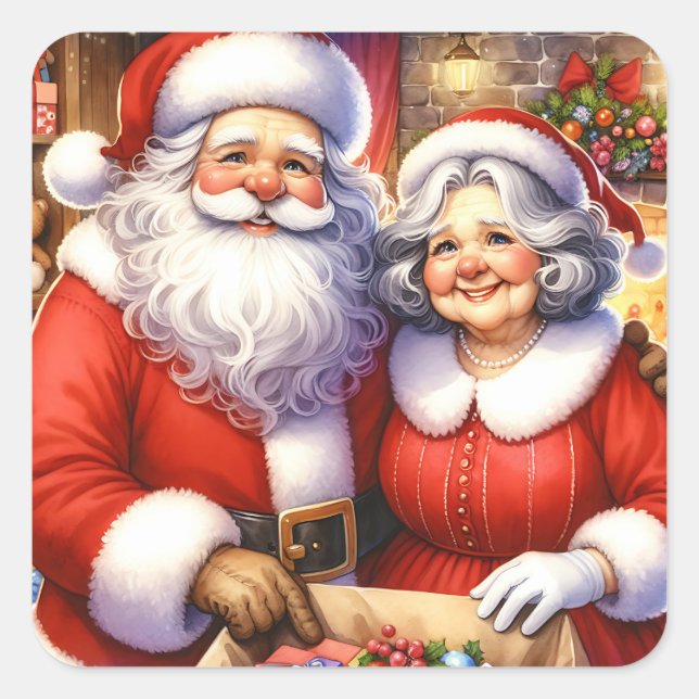 Cute Mr and Mrs Santa Claus Personalised Christmas Square Sticker (Front)