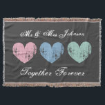 Cute Mr and Mrs throw blanket for newlyweds couple<br><div class="desc">Cute pastel hearts mr and mrs throw blanket for newly weds couple Romantic wedding gift idea for newly weds /  just married groom and bride / husband and wife couple. Personalised slogan like together forever. Vintage weathered look design with dark grey background colour. Pink blue and green.</div>