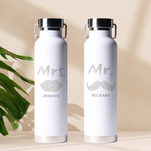 Cute Mr & Mrs Moustache Lips Matching Couple Water Bottle