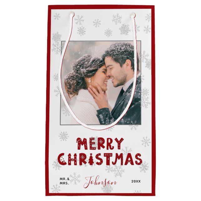 Cute Mr & Mrs Red Typography Snowflake Photo Xmas Small Gift Bag (Front)