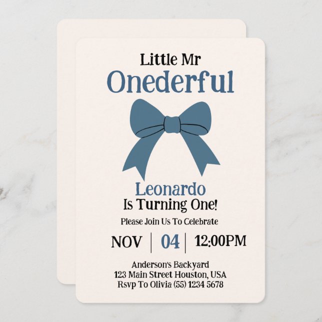 Cute Mr Onederful Blue Bow Boy 1st Birthday Invitation (Front/Back)